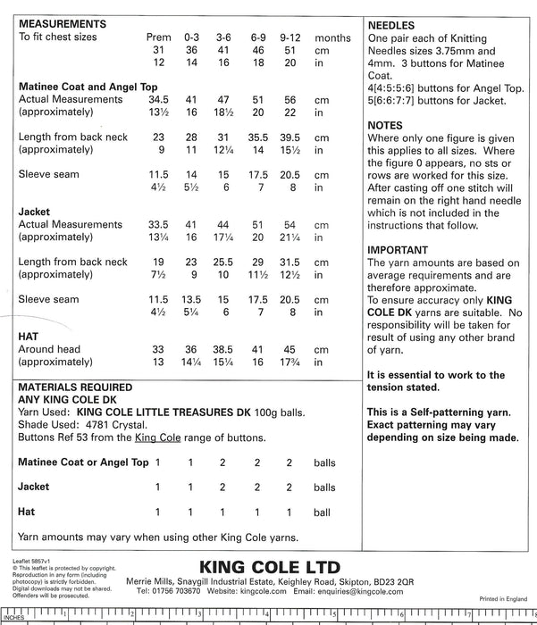 King Cole 5857 Baby DK Knitting Pattern - Matinee Coat or Angel Top, Jacket & Hat (Prem-12mnth)