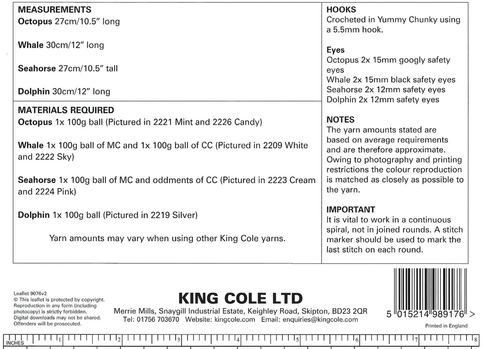 King Cole 9076 CROCHET Pattern - Snuggle Octopus, Whale, Seahorse and Dolphin in Chunky Yarn